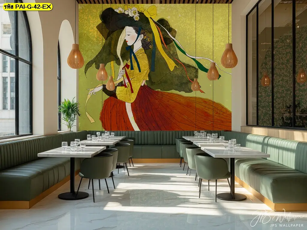 A modern hanbok style cafe mural is a fantastic idea for a รูปตกแต่งผนังคาเฟ่ลายการ์ตูนเกาหลี, blending tradition with modern art.