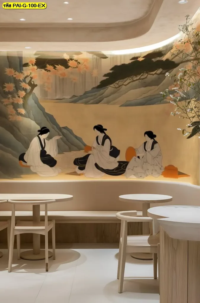 ไอเดียแต่งร้านอาหารด้วยศิลปะญี่ปุ่นโดยใช้ภาพพิมพ์อุคิโยเอะสำหรับตกแต่งร้านที่เป็น traditional Japanese Ukiyo-e mural สร้างความคลาสสิก