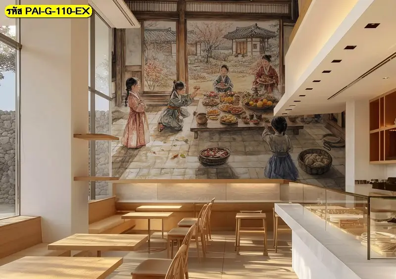 ภาพติดผนังคาเฟ่สไตล์เกาหลีโฮมมี่ ใช้โทนสีสบายตา ทำให้ลูกค้ารู้สึกผ่อนคลายเหมือนกำลังนั่งเล่นอยู่ในบ้านเพื่อน