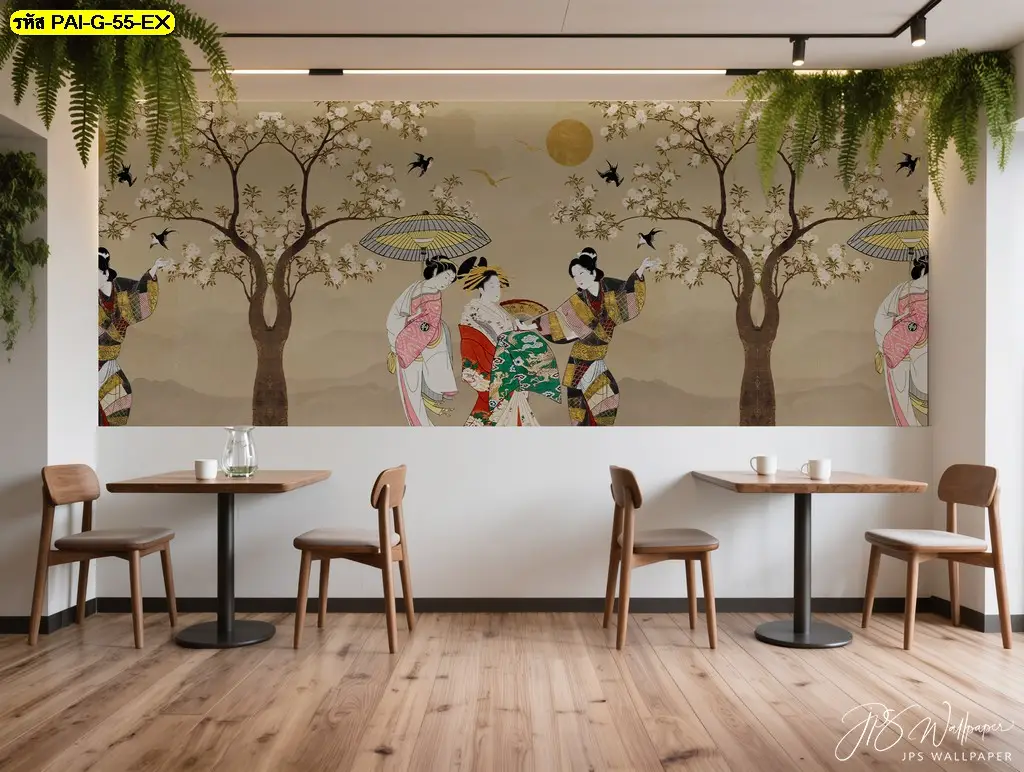 วอลเปเปอร์ลายคนเกาหลีสมัยโบราณ เป็นอีกหนึ่งไอเดียสำหรับ cafe wall mural ที่ช่วยเพิ่มบรรยากาศอบอุ่นในร้านกาแฟ