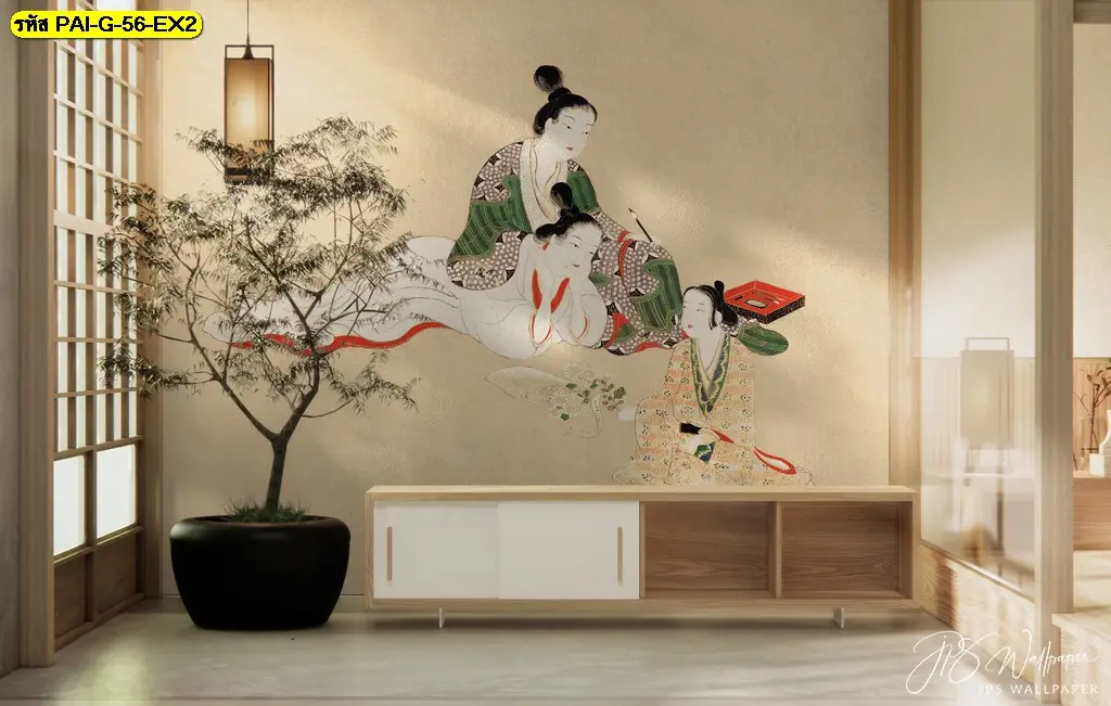 รูปภาพติดผนังห้องนั่งเล่นขนาดใหญ่ที่โดดเด่นด้วยภาพวาดผู้หญิงเกาหลีตกแต่งบ้านและวอลเปเปอร์สั่งพิมพ์ลายอาร์ตๆ สร้างจุดนำสายตาในห้องรับแขก
