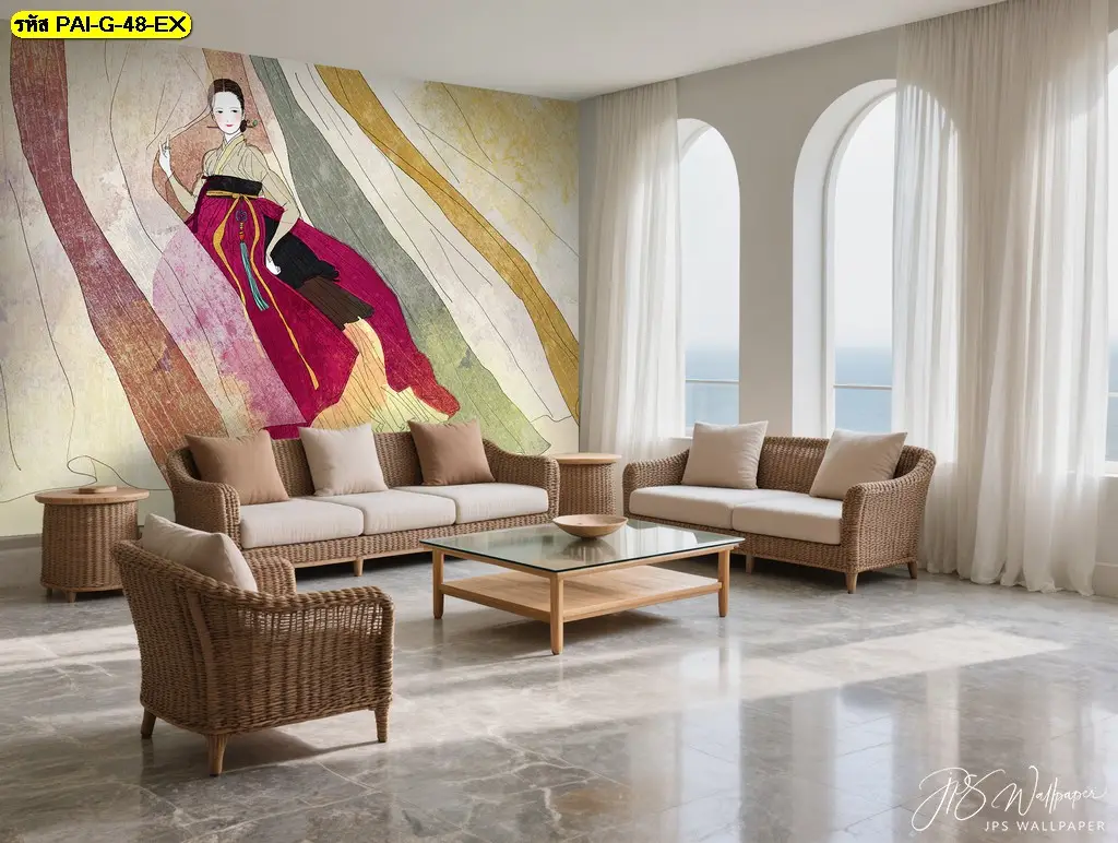 ภาพแต่งบ้านสไตล์เกาหลีโมเดิร์นที่มีรูปภาพติดผนังห้องนั่งเล่นขนาดใหญ่และวอลเปเปอร์ลายศิลปะเกาหลีร่วมสมัยช่วยเสริมมิติให้บ้าน