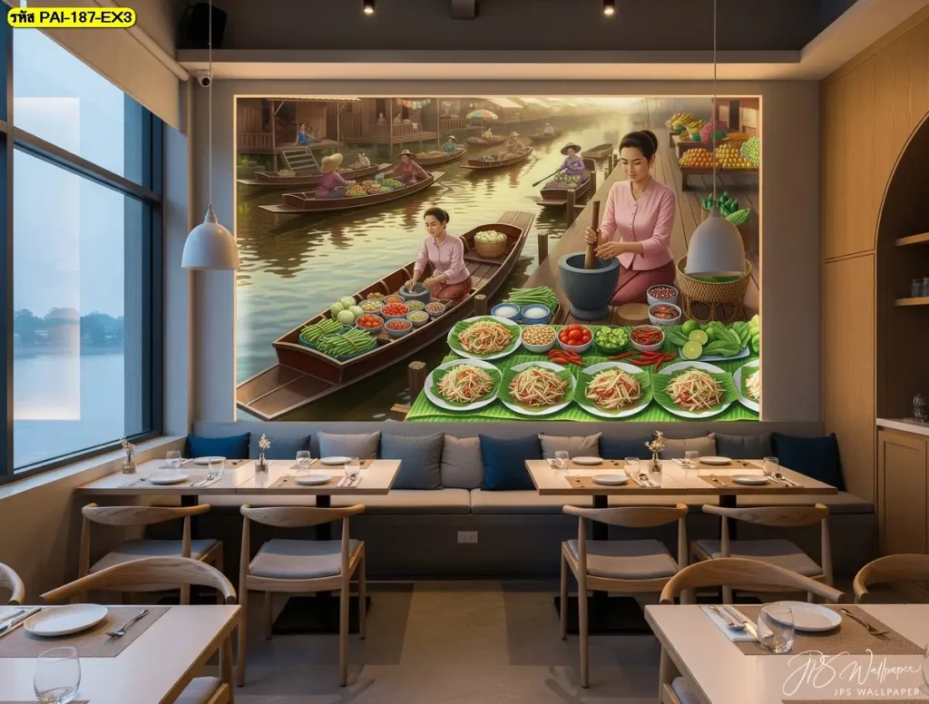 วอลเปเปอร์ภาพอาหารอีสานบนเรือไม้แต่งผนังร้านอาหารในห้างสร้างบรรยากาศอบอุ่นและเป็นมิตรกับทุกกลุ่มเป้าหมาย