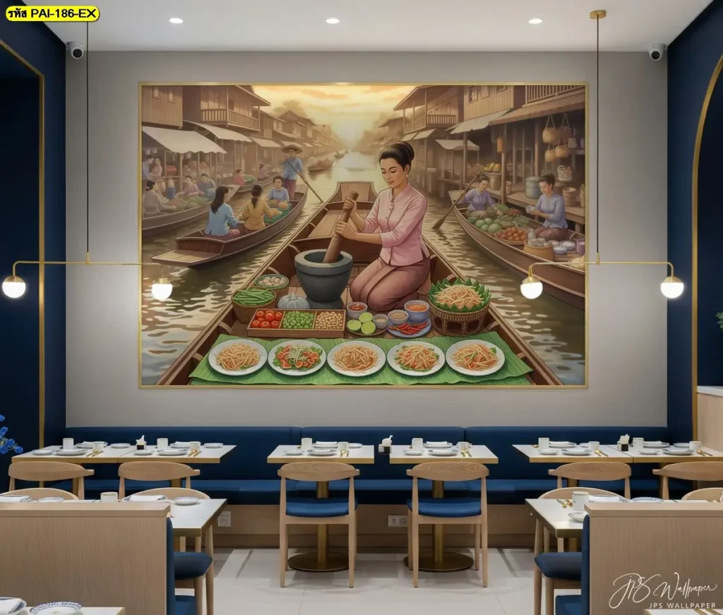 ภาพติดผนังร้านลาบบรรยากาศไทยโบราณที่แสดงภาพแม่ค้ากำลังตำส้มตำบนเรือกลางตลาดน้ำ ช่วยดึงดูดสายตาอย่างลงตัว