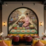 วอลเปเปอร์ลายแม่ค้าขายส้มตำตลาดน้ำเหมาะสำหรับตกแต่งร้านอาหารอีสานให้มีบรรยากาศไทยย้อนยุคที่ดึงดูดลูกค้า