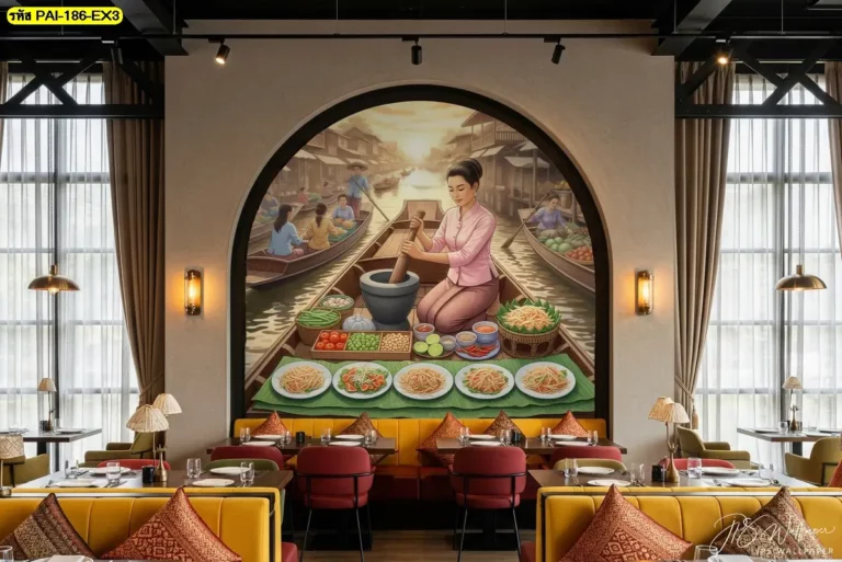 วอลเปเปอร์ลายแม่ค้าขายส้มตำตลาดน้ำเหมาะสำหรับตกแต่งร้านอาหารอีสานให้มีบรรยากาศไทยย้อนยุคที่ดึงดูดลูกค้า