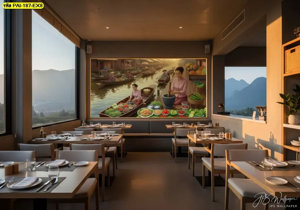 วอลเปเปอร์สั่งพิมพ์แต่งร้านอาหารอีสานด้วยลายแม่ค้าไทยตำส้มตำช่วยสร้างเอกลักษณ์และดึงดูดลูกค้าใหม่ในทันที
