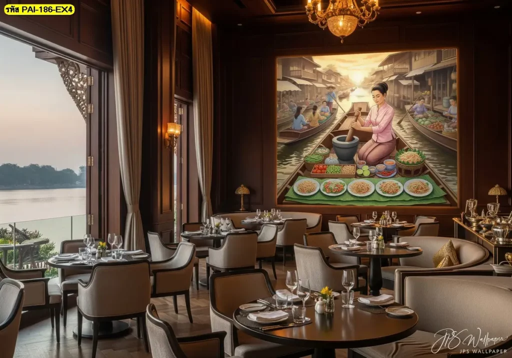 รูปวาดแม่ค้าไทยตำส้มตำผนังร้านที่สร้างความรู้สึกย้อนยุค เพิ่มเสน่ห์ให้ร้านอาหารดูมีสไตล์และความน่าสนใจยิ่งขึ้น