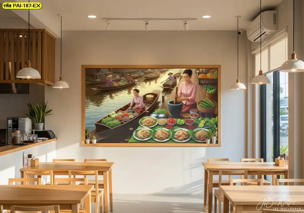 ภาพตกแต่งร้านอาหารส้มตำในห้างแบบสั่งพิมพ์ตามพื้นที่ช่วยให้ร้านโดดเด่นในโซนอาหารและเป็นมุมถ่ายรูปของลูกค้า
