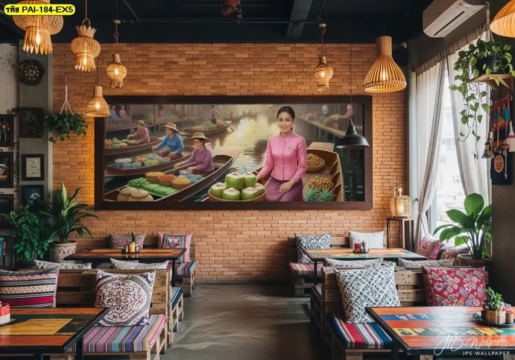 วอลเปเปอร์ตกแต่งร้านอาหารร่วมสมัยเติมเต็มความทันสมัยและกลิ่นอายไทยร่วมสมัยลงในพื้นที่ร้านอาหารและร้านผลไม้