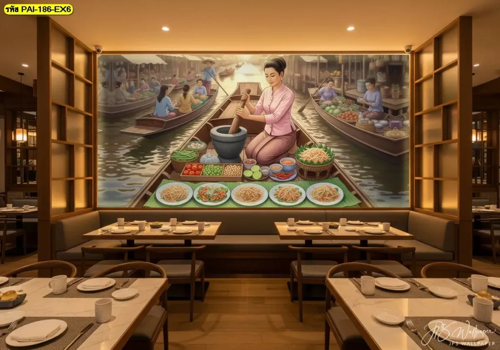 วอลเปเปอร์แต่งร้านอาหารอีสานร่วมสมัยที่สะท้อนวิถีชีวิตแม่ค้าขายอาหารพื้นบ้าน ช่วยสร้างบรรยากาศอบอุ่นแบบไทยแท้