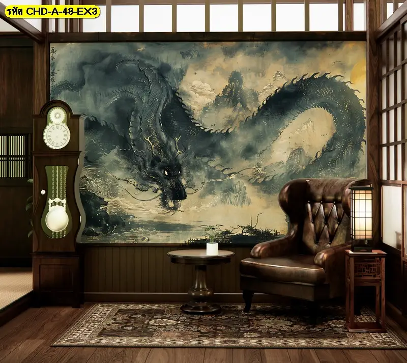 วอลเปเปอร์มังกรตกแต่งทางเดินช่วยให้โถงเชื่อมต่อดูมีชีวิตชีวาและสร้างความประทับใจให้ผู้ที่เดินผ่านพื้นที่นั้น