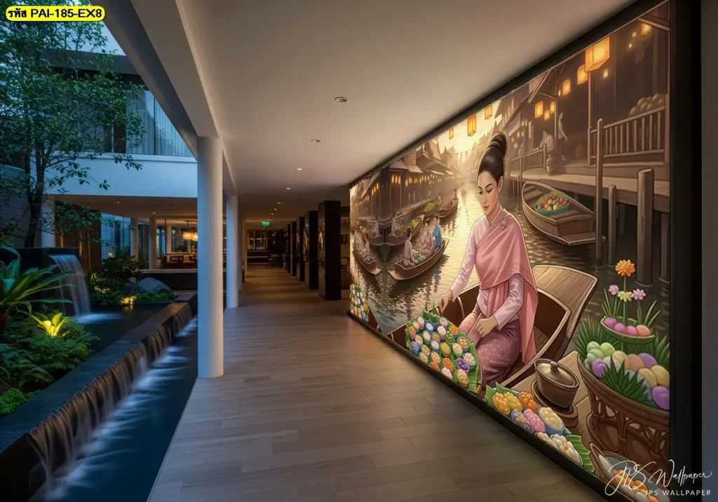 Thai market wallpaper ภาพติดผนังร้านอาหารไทยตลาดน้ำ เพิ่มสีสันและกลิ่นอายวัฒนธรรมไทยให้ร้านอาหารและโรงแรมดูมีเอกลักษณ์ทันสมัย