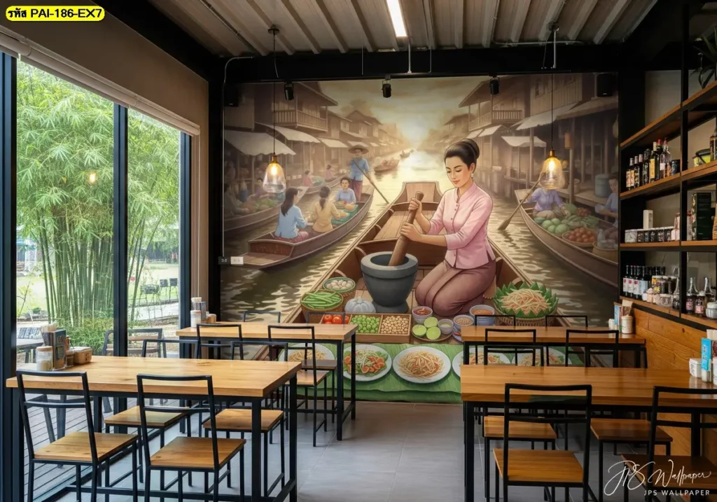 รูปแม่ค้าขายส้มตำตกแต่งร้านอาหารที่เน้นฉากตลาดน้ำแบบดั้งเดิม เหมาะกับร้านอาหารอีสานหรือร้านอาหารไทยทุกประเภท