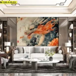 ภาพมังกรจีนวาดด้วยสีน้ำบนผืนวอลเปเปอร์สั่งพิมพ์ ช่วยให้ภาพติดผนังลายมังกรดูเด่นและเติมลุคหรูให้ห้องนั่งเล่น