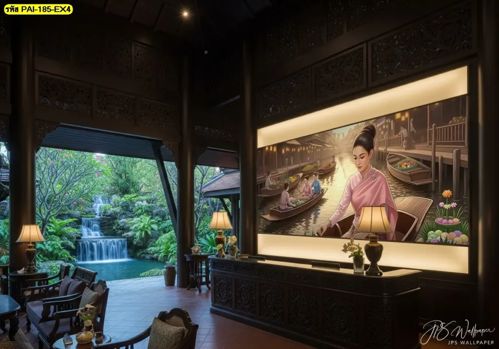 วอลเปเปอร์สั่งพิมพ์ลายแม่ค้าขายขนมไทย วอลเปเปอร์ห้องอาหารโรงแรมดีไซน์ไทยเป็นตัวเลือกสร้างภาพลักษณ์ร้านอาหารให้น่าประทับใจและเป็นจุดเด่นที่สร้างแบรนด์ชัดเจน