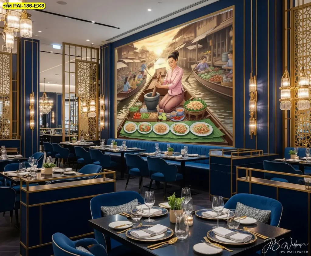 วอลเปเปอร์ภาพเรือขายอาหารอีสานที่มาพร้อมองค์ประกอบอาหารอย่างครบถ้วน เหมาะกับร้านอาหารหรือโซนฟู้ดคอร์ทในห้าง