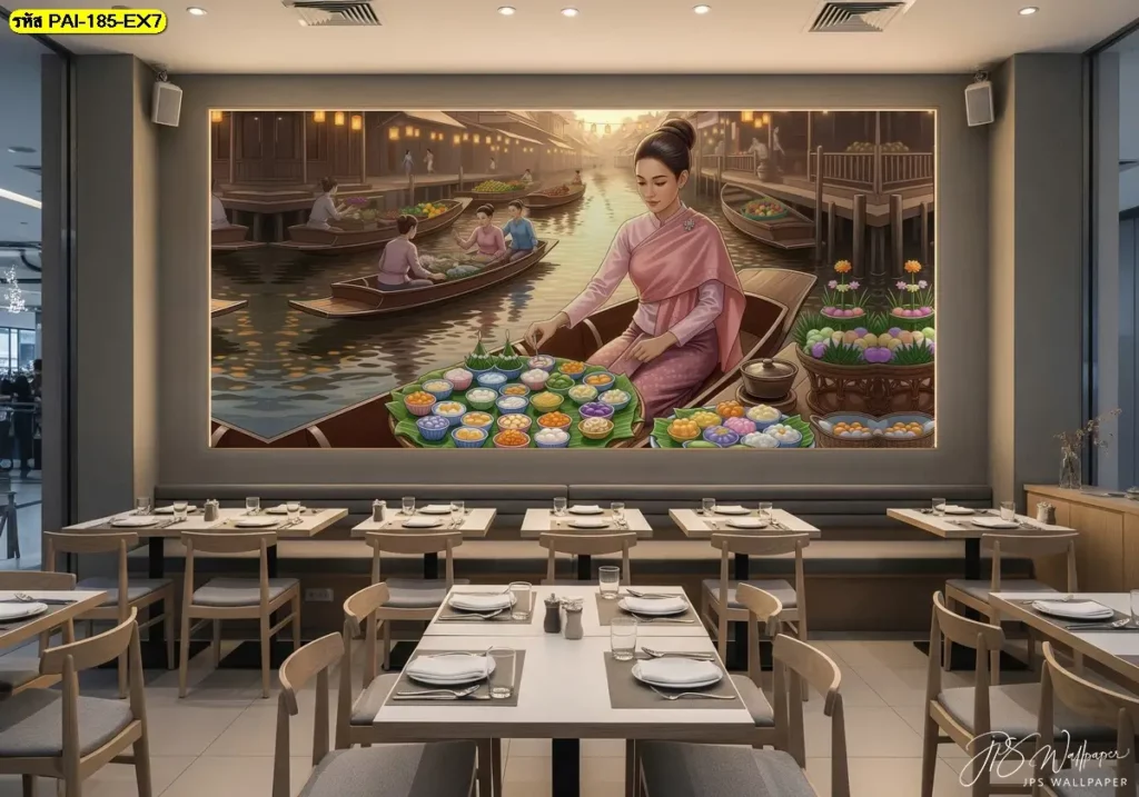 เลือกวอลเปเปอร์สั่งพิมพ์ภาพไทยตลาดน้ำสร้างความแตกต่างที่โดดเด่นให้ร้านขนมไทย ขนมหวาน หรือร้านอาหารในห้างด้วยรายละเอียดที่พิถีพิถัน