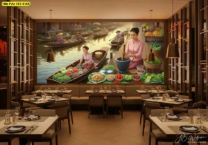 วอลเปเปอร์ลายแม่ค้าขายส้มตำตลาดน้ำแต่งผนังร้านอาหารไทยร่วมสมัยให้มีเสน่ห์และกลิ่นอายอีสานที่น่าจดจำ