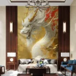 วอลเปเปอร์มังกรจีนสั่งพิมพ์ลายสีน้ำจีนตกแต่งห้องนั่งเล่น ช่วยให้ภาพมังกรจีนดูโดดเด่นแบบภาพติดผนังลายมังกรทันสมัย