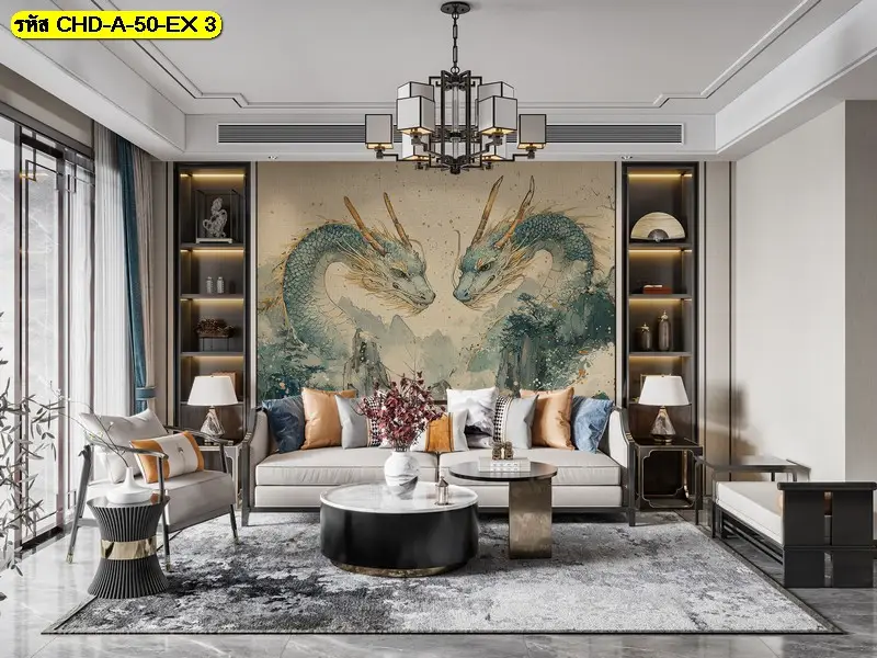 ภาพติดผนังมังกรจีนลายเส้นหมึกเพิ่มความลึกและความนิ่งให้พื้นที่ พร้อมเข้ากับวอลเปเปอร์มังกรจีนตกแต่งบ้าน
