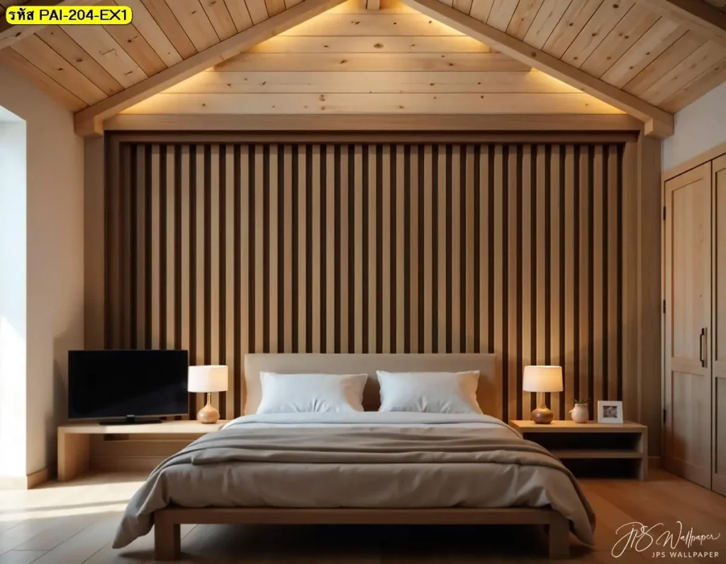 วอลเปเปอร์ลายกรุผนังไม้แนวตั้ง รับพิมพ์และติดตั้ง เป็นไอเดียแต่งผนังที่ช่วยให้ภาพติดผนังลายไม้ห้องนอนมินิมอลดูโปร่งและสบายตา