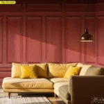 ภาพลายไม้ตกแต่งผนังโทนอบอุ่นด้วยวอลเปเปอร์ลายไม้สีน้ำตาลแดงในรูปแบบ Red wood panel wall mural ช่วยสร้างบรรยากาศธรรมชาติให้พื้นที่ดูสงบและมีมิติ