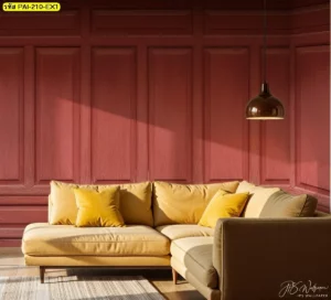 ภาพลายไม้ตกแต่งผนังโทนอบอุ่นด้วยวอลเปเปอร์ลายไม้สีน้ำตาลแดงในรูปแบบ Red wood panel wall mural ช่วยสร้างบรรยากาศธรรมชาติให้พื้นที่ดูสงบและมีมิติ