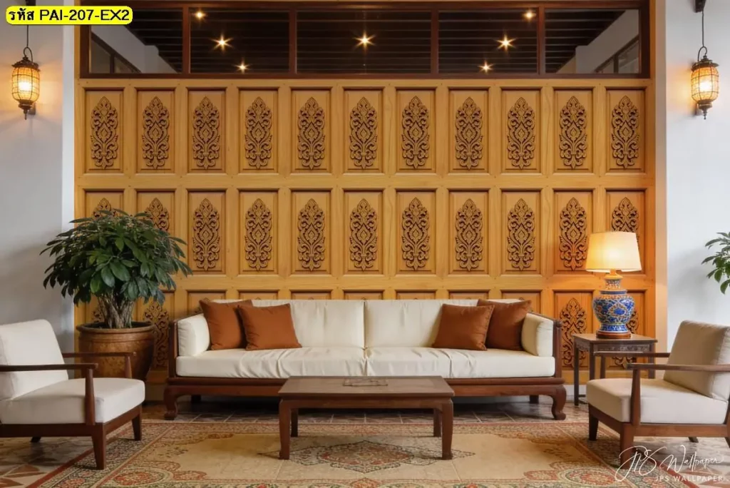 ภาพติดผนังลายไม้ลายไทยแนวไม้แนวตั้งจากวอลเปเปอร์ลายไม้ตกแต่งผนังสไตล์วอลเปเปอร์ลายกรุไม้โบราณที่ช่วยให้ผนังดูสูงและเป็นระเบียบ