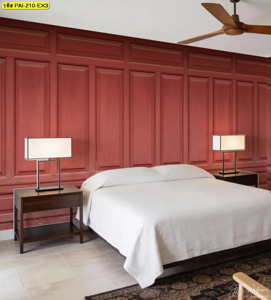 ภาพลายไม้ตกแต่งผนังลายไม้แนวตั้งด้วยวอลเปเปอร์ลายไม้สีน้ำตาลแดงในรูปแบบ Red wood panel wall mural ที่ช่วยให้ผนังดูสูงและเป็นระเบียบ