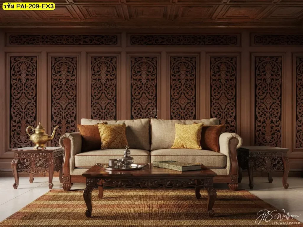 วอลเปเปอร์กรุผนังลายไม้แกะลายลายไทยประยุกต์สำหรับวอลเปเปอร์ลายไม้แกะสลักไทยในสไตล์ Thai style wall mural design ที่ดูร่วมสมัย