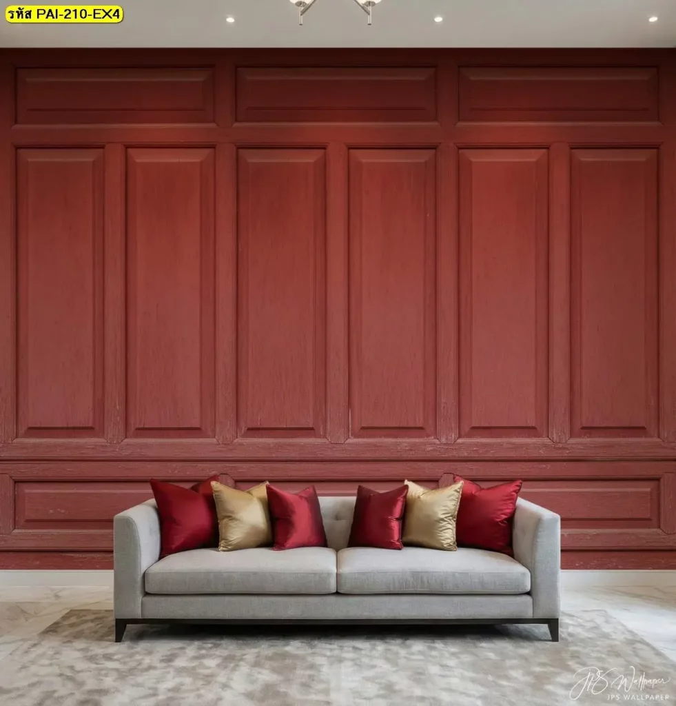 ภาพลายไม้ตกแต่งผนังโทนไม้เข้มจากวอลเปเปอร์ลายไม้สีน้ำตาลแดงแบบ Red wood panel wall mural ที่เพิ่มความลึกและความหรูให้กับพื้นที่ภายใน