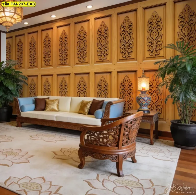 ภาพติดผนังลายไม้ลายไทยโทนไม้เข้มจากวอลเปเปอร์ลายไม้ตกแต่งผนังในรูปแบบวอลเปเปอร์ลายกรุไม้โบราณที่ช่วยเพิ่มความสงบและความคลาสสิกให้ห้อง