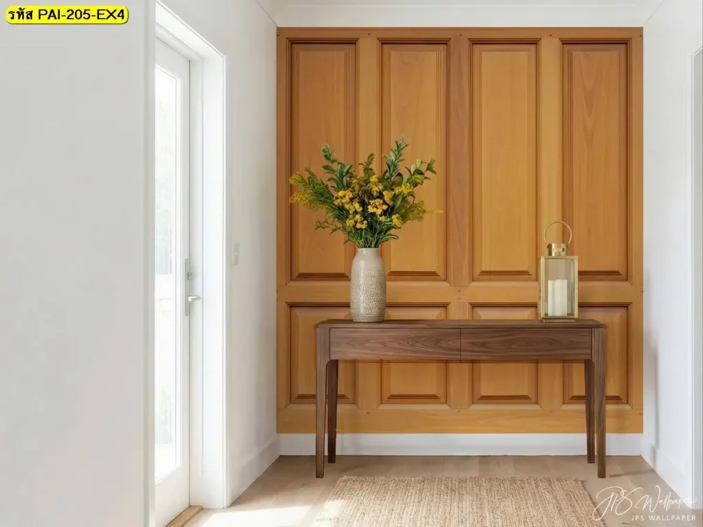 ภาพติดผนังลายไม้คลาสสิกลายไม้แนวตั้งจากวอลเปเปอร์ลายไม้คลาสสิกแบบ Classic wooden wall panel mural ที่ช่วยให้ผนังดูสูงและเป็นระเบียบ