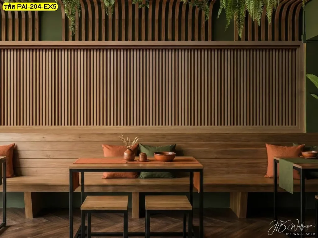 วอลเปเปอร์ลายไม้แนวตั้งโทนไม้ธรรมชาติ รับพิมพ์และบริการติดตั้ง ช่วยสร้างภาพติดผนังลายไม้คาเฟ่มินิมอลที่ดูอบอุ่นและทันสมัย