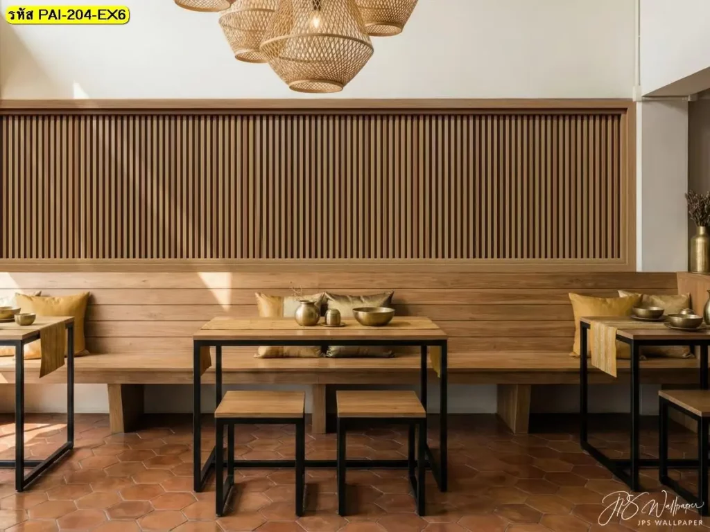 วอลเปเปอร์ลายกรุผนังไม้โทนอ่อน รับพิมพ์ตามพื้นที่จริง พร้อมบริการติดตั้งวอลเปเปอร์ลายไม้แนวตั้งสำหรับร้านคาเฟ่