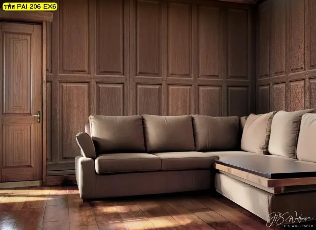 ภาพติดผนังลายไม้คลาสสิกจากวอลเปเปอร์ลายไม้คลาสสิกแบบ Classic wooden wall panel mural ที่สร้างบรรยากาศเรียบหรูและดูเป็นธรรมชาติ