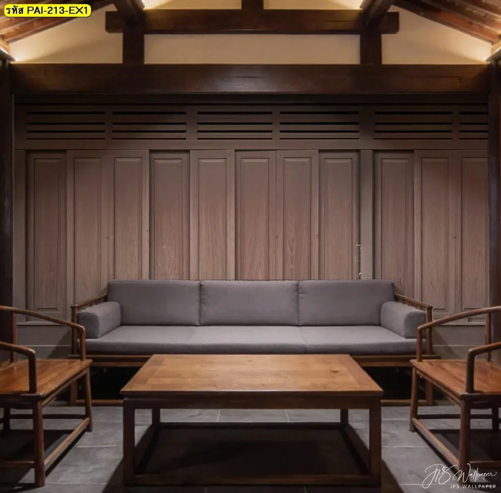ภาพตกแต่งผนังลายไม้คลาสสิกจากวอลเปเปอร์ลายไม้สไตล์คลาสสิกแบบ Colonial wood panel wall mural ที่ช่วยสร้างบรรยากาศอบอุ่นและสง่างาม