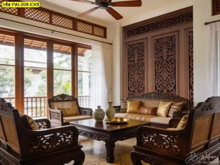 วอลเปเปอร์ลายไม้แกะสลักไทยแนวศิลป์ไทยในรูปแบบวอลเปเปอร์กรุผนังลายไม้แกะลาย Thai style wall mural design ที่ช่วยสร้างบรรยากาศไทย