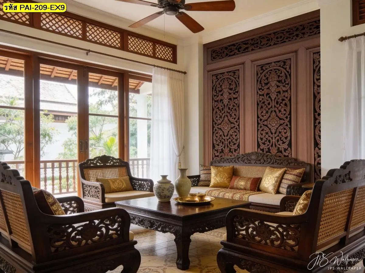 วอลเปเปอร์ลายไม้แกะสลักไทยแนวศิลป์ไทยในรูปแบบวอลเปเปอร์กรุผนังลายไม้แกะลาย Thai style wall mural design ที่ช่วยสร้างบรรยากาศไทย