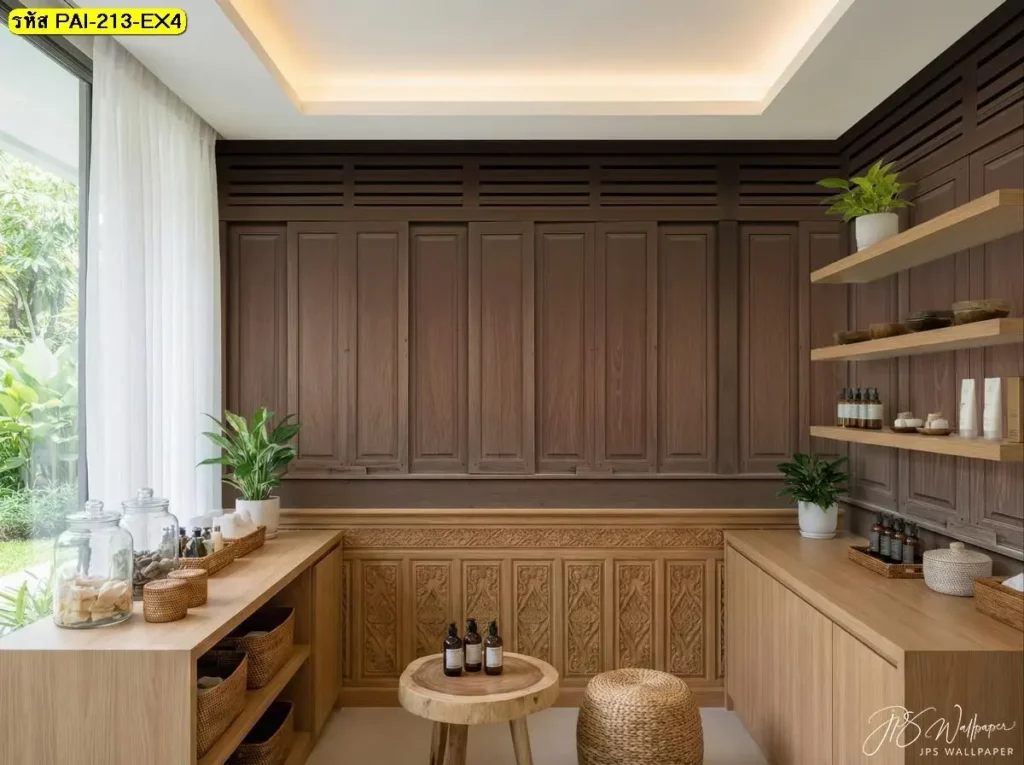 ภาพตกแต่งผนังลายไม้คลาสสิกสไตล์วินเทจจากวอลเปเปอร์ลายไม้สไตล์คลาสสิกแบบ Colonial wood panel wall mural ที่สร้างบรรยากาศอบอุ่น