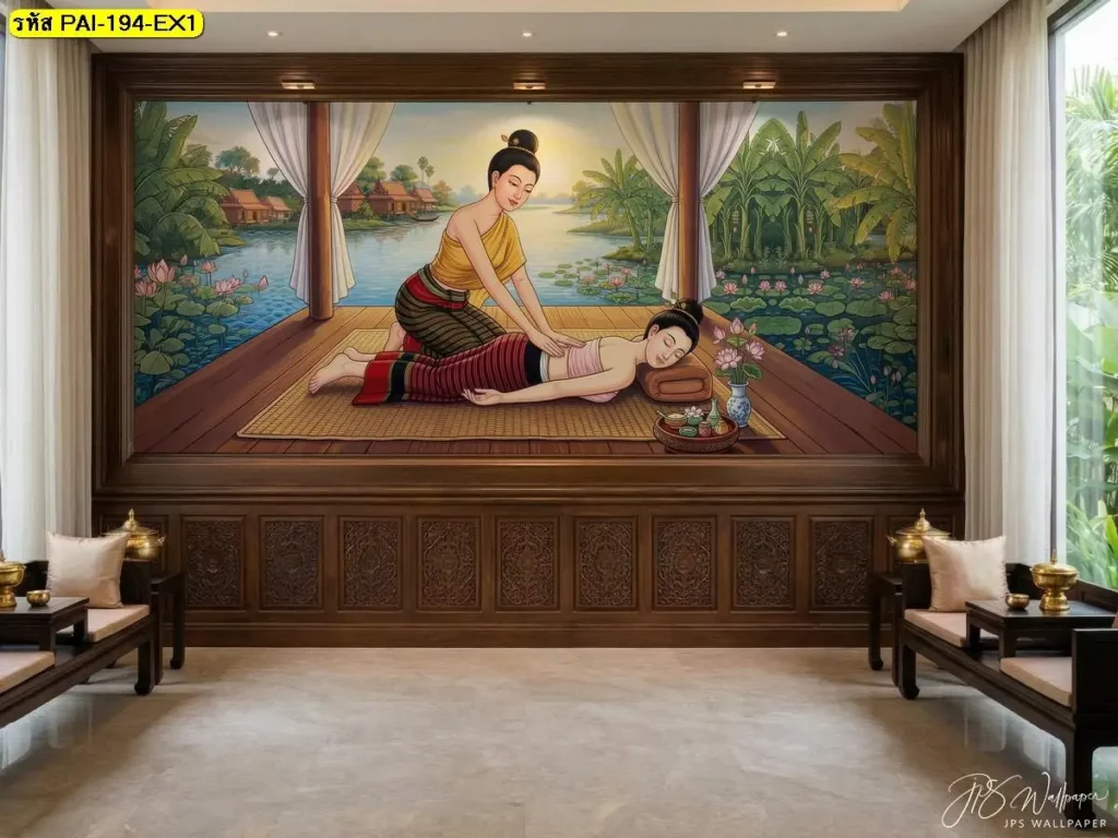 ภาพวาดนวดไทยติดผนัง โทนอุ่น แสดงท่ากดหลังและเอวในห้องนวดไทย เหมาะกับร้านขายวอลเปเปอร์