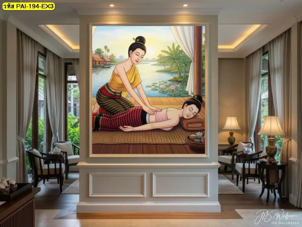 วอลเปเปอร์ภาพนวดไทย เล่าเรื่องท่านวดไทยท่านอนคว่ำ กดหลัง กดแนวหลังและเอว ผ่านลายเส้นรับผลิตวอลเปเปอร์