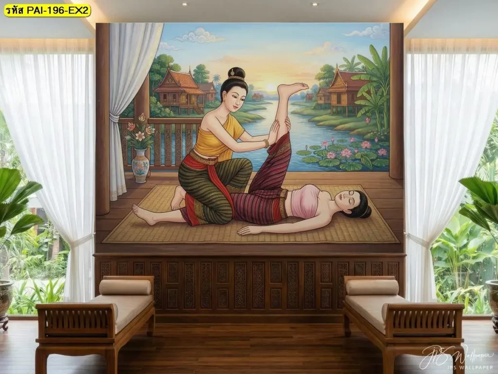 ภาพแต่งร้านนวดโบราณ แสดงท่านวดไทยท่านอนหงาย ยืดขาตรง ด้วยองค์ประกอบไทยเรียบงามและงานติดตั้งจากช่างติดวอลเปเปอร์