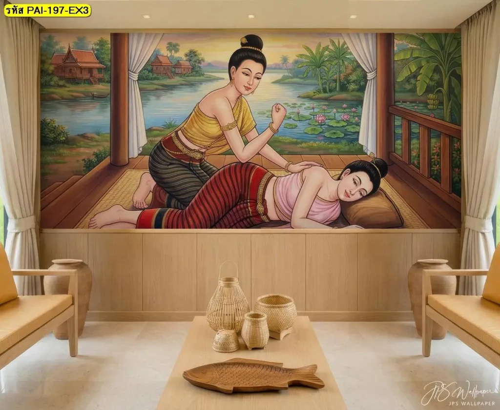 ภาพตกแต่งห้องนวดไทย เล่าเสน่ห์ท่านวดตะแคง กดสะโพกในบรรยากาศไทยร่วมสมัยจากร้านขายวอลเปเปอร์