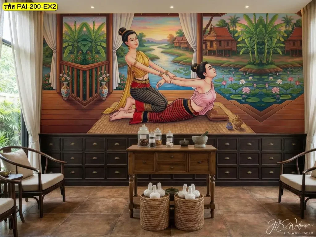 ภาพแต่งร้านนวดแผนไทย เล่าเสน่ห์ท่านวดไทยท่านอนคว่ำ ดัดยืดแขน แอ่นหลัง ผ่านองค์ประกอบที่ดูเรียบสงบจากร้านขายวอลเปเปอร์
