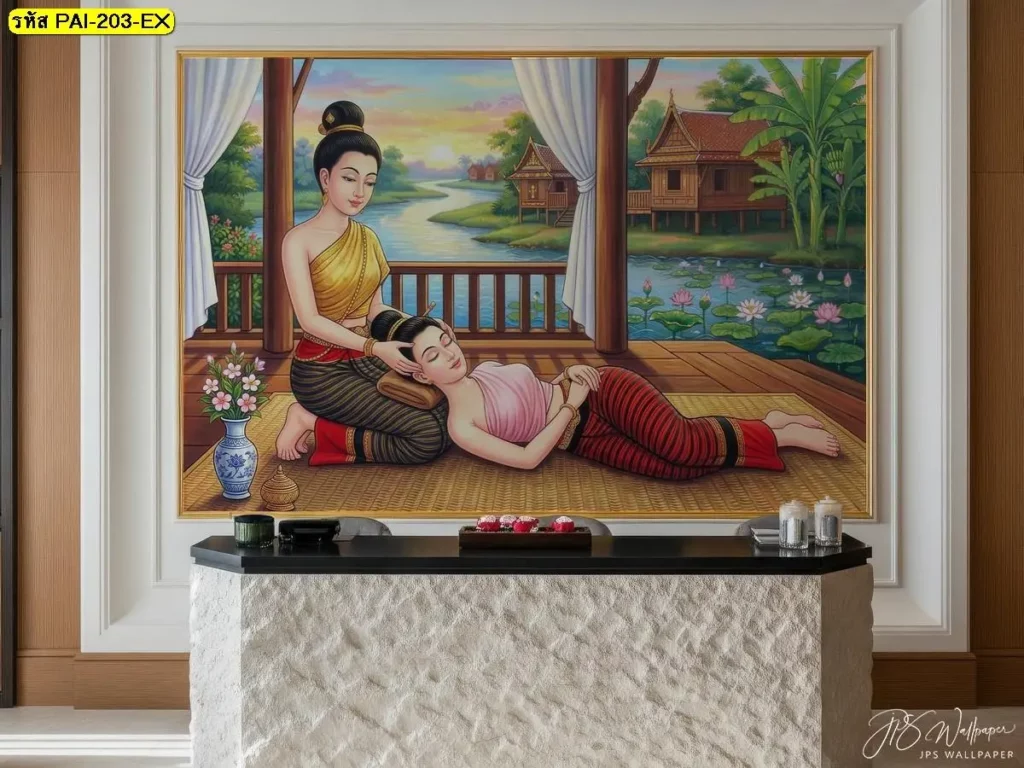 ภาพผนังร้านนวดไทย เล่าเสน่ห์ท่าคลายคอและบ่าในมุมมองไทยร่วมสมัย สำหรับงานรับผลิตวอลเปเปอร์