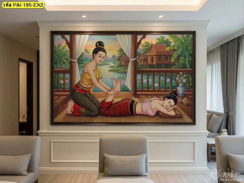 ภาพแต่งร้านนวดโบราณ เล่าเสน่ห์ท่านวดไทยท่านอนคว่ำ ดัดยืดขา ผ่านมุมมองไทยร่วมสมัยที่เรียบสงบในงานรับผลิตวอลเปเปอร์