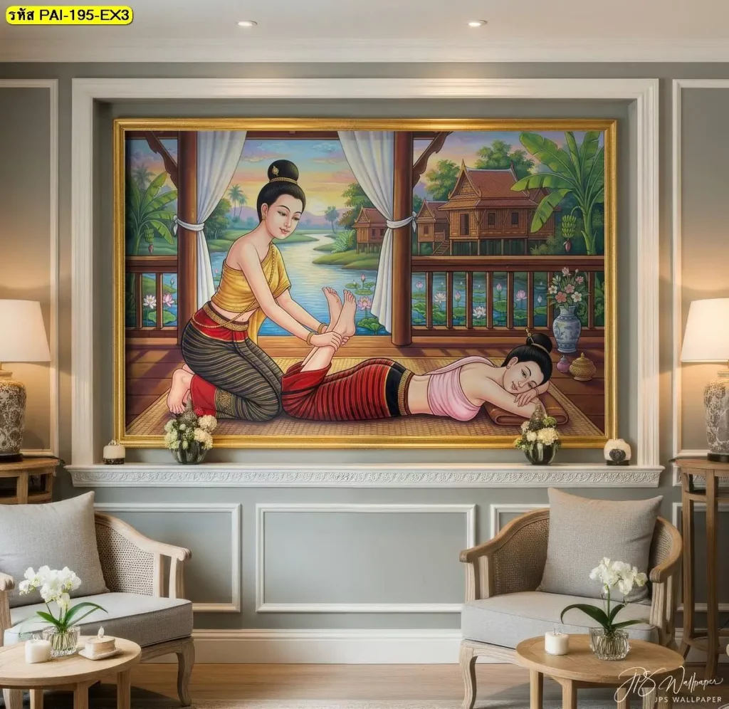 ภาพลายไทยนวดแผนโบราณ แสดงท่านวดไทยท่านอนคว่ำ ดัดยืดขา ด้วยองค์ประกอบอ่อนช้อยและโทนอบอุ่น สำหรับงานรับพิมพ์วอลเปเปอร์