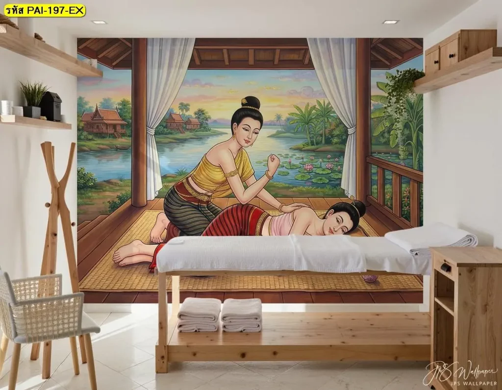 ภาพผนังร้านนวดไทย แสดงท่านวดตะแคง กดสะโพกอย่างประณีต พร้อมรายละเอียดงานโดยช่างติดวอลเปเปอร์
